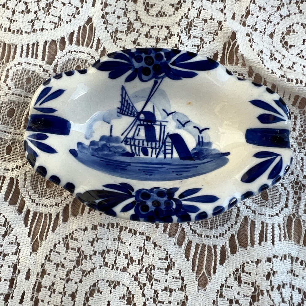 Vintage Delft Blue and White Ceramic Dish with Windmill Design